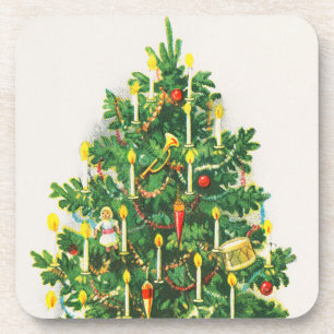 Porta-copo Saudações de Natal, cartão vintage, árvore de Nata