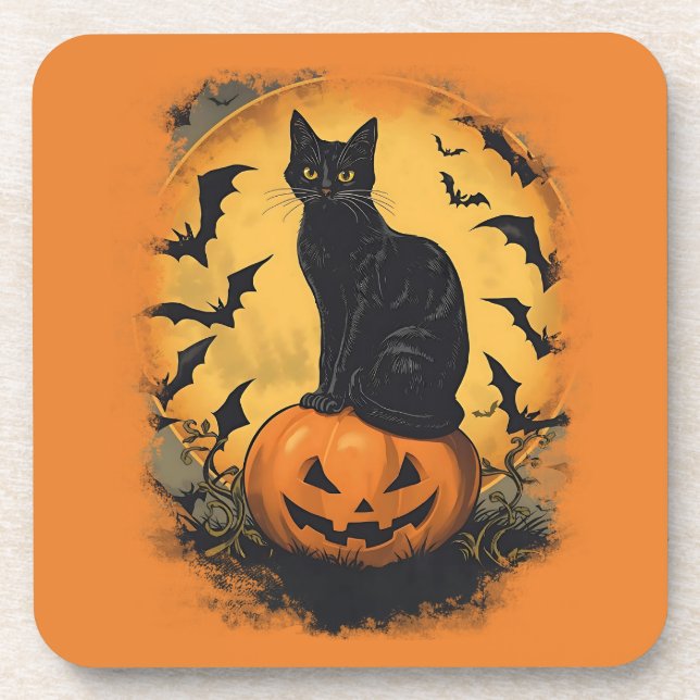 Porta-copo Schwarze Katze auf Halloween-Kürbis (Frente)