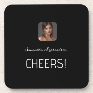 Porta-copo Script de Nome de Foto Personalizado Preto Branco