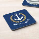 Porta-copo Seu nome de boi Anchor Dourado Laurel Star Marinho<br><div class="desc">Um conjunto de caldeiras de cortiça temática náutica com o nome do barco personalizado, o nome da família ou outro texto desejado. Possui uma âncora de barco personalizada, com folhas de ouro estilo e uma estrela em azul clássico de marinho ou personalize facilmente a cor base para corresponder ao seu...</div>