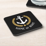 Porta-copo Seu nome de boi Anchor Elegante Dourado Laurel Bla<br><div class="desc">Um conjunto elegante de caldeiras de cortiça para trás náuticas com nome de barco personalizado, nome de família ou outro texto desejado. Possui uma âncora de barco personalizada, com folhas de ouro estilo laurel e uma estrela em preto ou personalize facilmente a cor base para corresponder à sua decoração ou...</div>