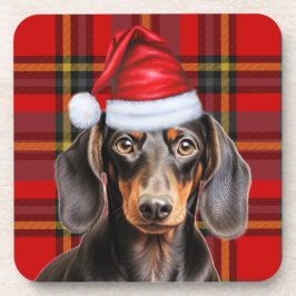 Porta-copo Smooth Dachshund with Red and Green Holiday Plaid