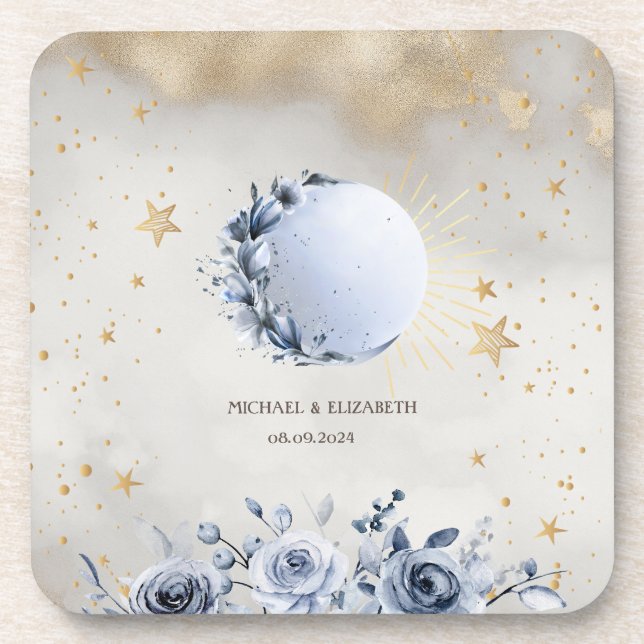 Porta-copo Sol Dourado Celestial, Rosas da Lua Azul Estrelas  (Frente)