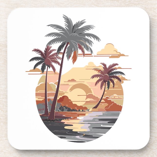 Porta-copo Sol havaiano com palmeira. (Frente)