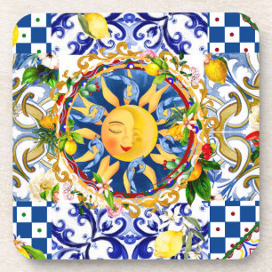 Porta-copo Sol siciliano,limão,azulejos mediterrâneos