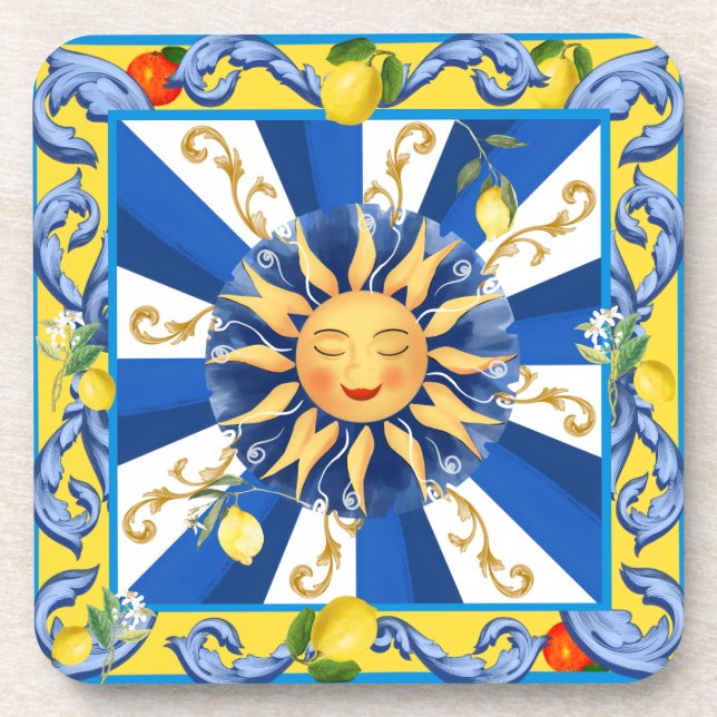 Porta-copo Sol siciliano, majolica, limão, (Frente)