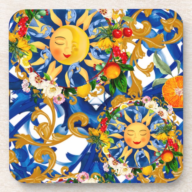 Porta-copo Sol siciliano,meia lua,verão,majolica,limão (Frente)