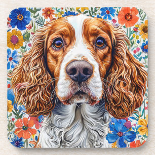 Porta-copo Springer Spaniel com Fundo Floral Colorido