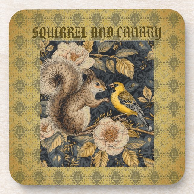 Porta-copo Squirrel and Yellow Canary with Flowers Pattern (Frente)