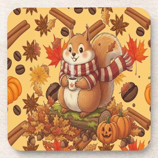 Porta-copo Squirrel Autumn and Pumpkin and Coffe (Frente)
