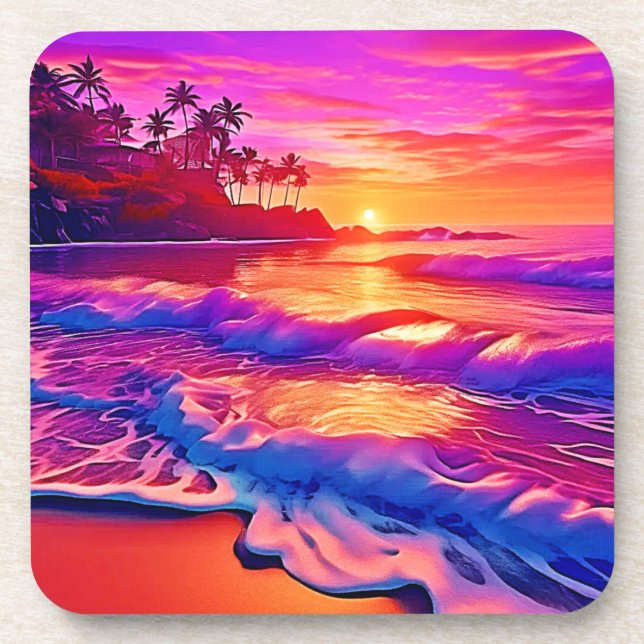 Porta-copo Sunset tropical: Arte com brilho na praia (Frente)