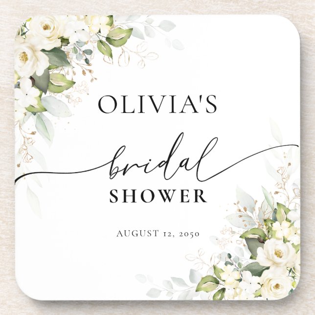 Porta-copo Suportes para Bridal Shower com Rosas Brancas e Fo (Frente)