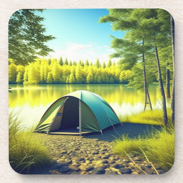 Porta-copo Tent em uma Floresta Bonita por um Lago (Frente)