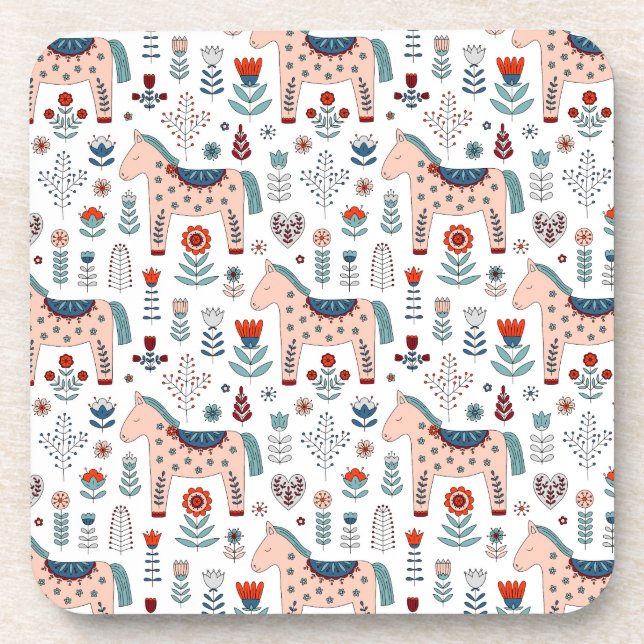 Porta-copo Teste padrão escandinavo da arte popular do cavalo (Frente)