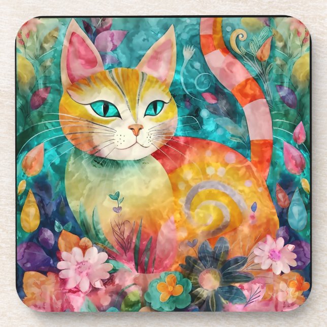 Porta-copo The Cat with Striking Green Eyes in Flower Garden (Frente)