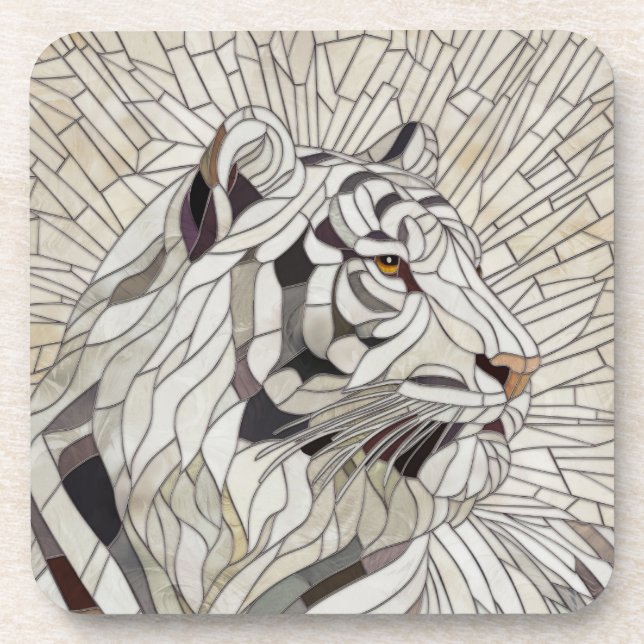 Porta-copo Tigre branco - Arte Digital Mosaica de Vidro Estre (Frente)