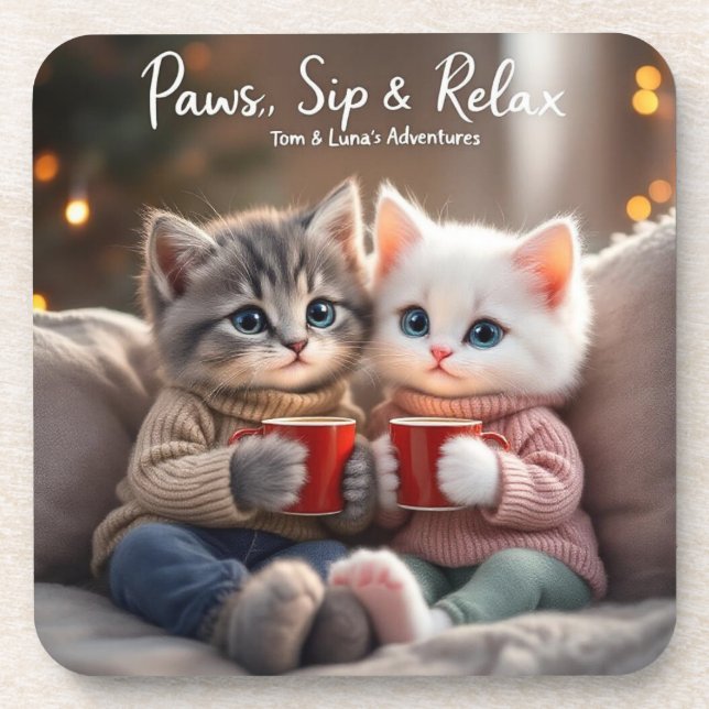 Porta-copo Tom & Luna’s Adventures™ – “Paws, Sip & Relax” Coa (Frente)