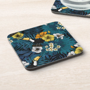 Porta-copo Toques e flora tropical, azul, amarelo, laranja