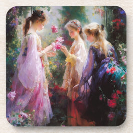 Porta-copo Três garotas brincando num jardim