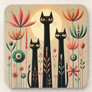Porta-copo Três Gatos Pretos em Meio a um Vibrante Desenho Fl