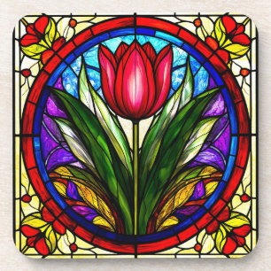 Porta-copo Tulipa Vermelha e Motivos Florais Coloridos