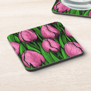 Porta-copo Tulipas cor-de-rosa com folhas verdes