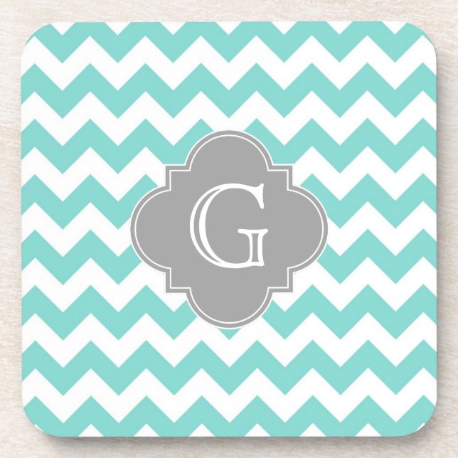 Porta-copo Turq / Aqua White Chevron Cinza Quatrefoil Monogra (Frente)