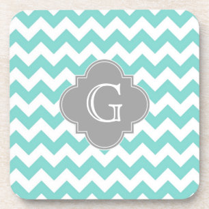 Porta-copo Turq/monograma cinzento branco Chevron Quatrefoil