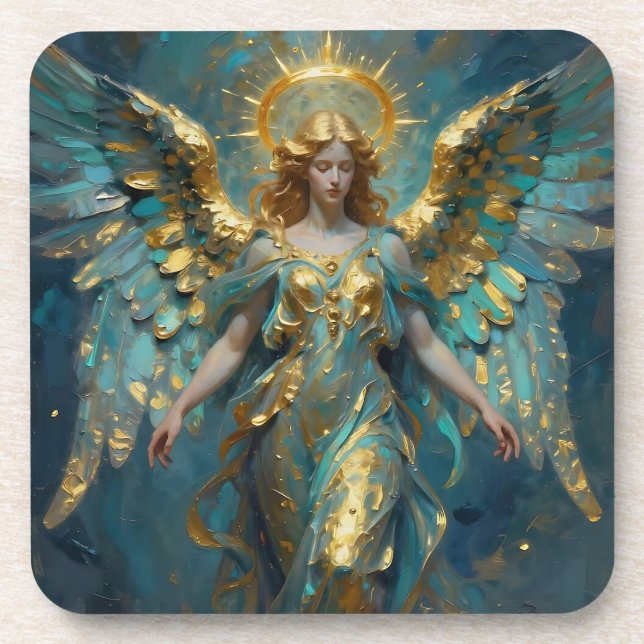 Porta-copo Um belo anjo de ouro e turquesa (Frente)