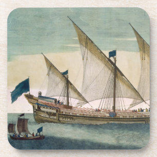 Porta-copo Um Galleass três-suprido corrente pela vela, remo