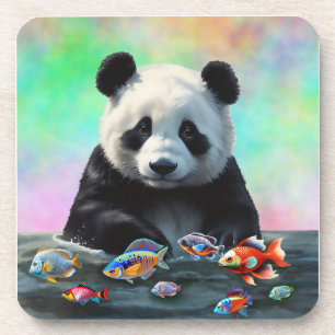 Porta-copo Um Panda Observa Curiosamente Peixes Coloridos Nad