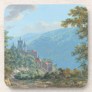 Porta-copo Uma fortaleza numa paisagem de montanha no nascer