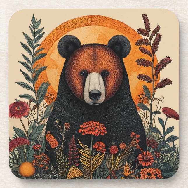 Porta-copo Urso Artístico Entre Flores Botânicas Vibrantes (Frente)