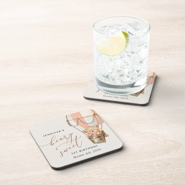 Porta-copo Urso de Teddy, Balão de Ar Quente Rosa, Primeiro A (Lado Direito)