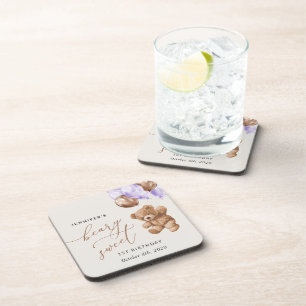 Porta-copo Urso de Teddy, Balões Roxos, Primeiro Aniversário