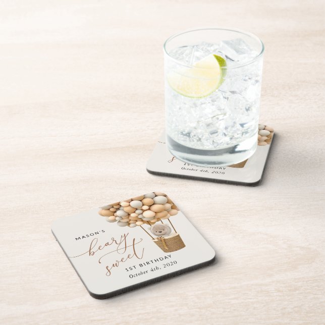 Porta-copo Urso Gelado, Balões de Beige, Primeiro Aniversário (Lado Direito)