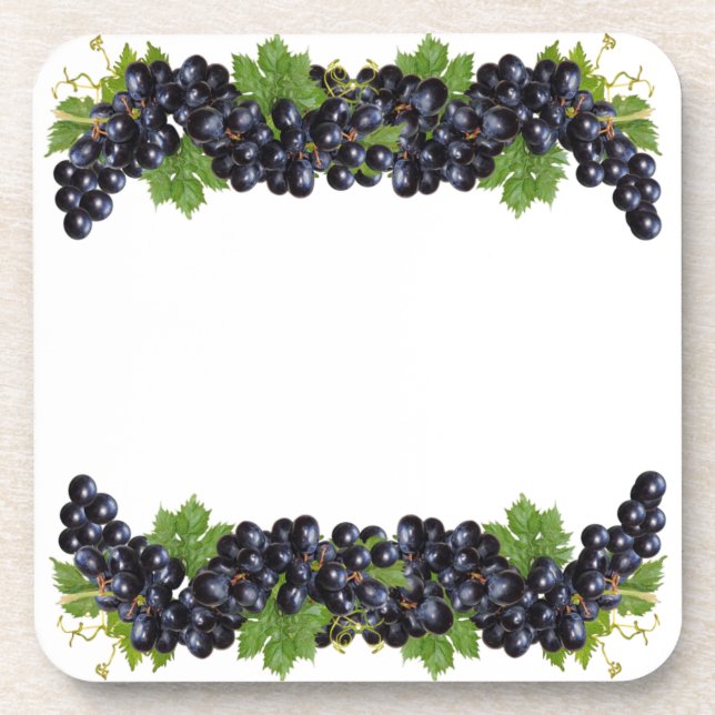 Porta-copo Uvas Azuis Roxas com Folhas Verdes sobre Branco (Frente)