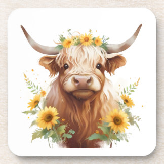 Porta-copo Vaca Highland com Flor Amarelo de Girassol