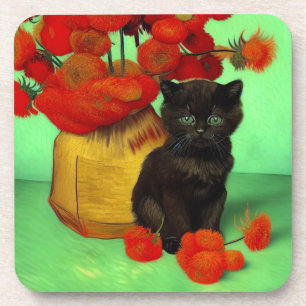 Porta-copo Van Gogh Black Kitten Red Flowers