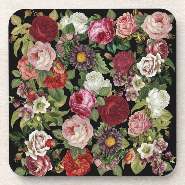 Porta-copo Vermelho Rústico Rosa Floral Verde Negro (Frente)