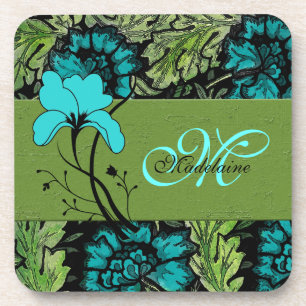Porta-copo Vermelhos Florais Retro Monogramados e Azul Turque
