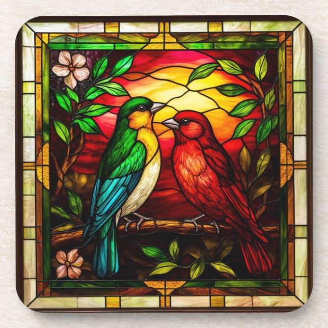 Porta-copo Vidro Colorido Representando Duas Aves (Frente)