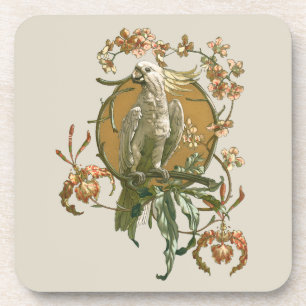 Porta-copo Vintage Art Nouveau, Cockatoo Bird, Orchid Flowers