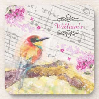 Porta-copo Vintage bird on tree rosa flower decoupage