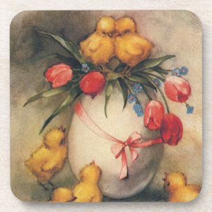 Porta-copo Vintage Easter Chicks with Red Tulip Flowers