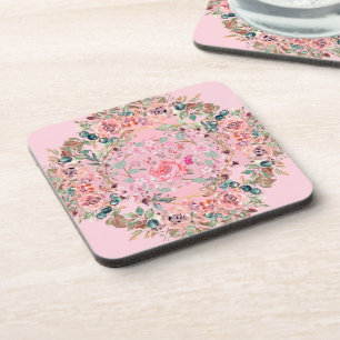Porta-copo Vintage Floral Art, Pink Floral Wreath