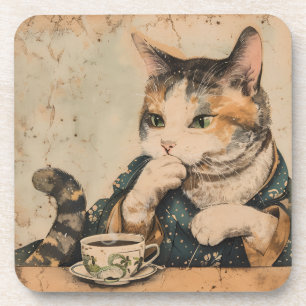 Porta-copo Vintage, gato bonitinho de arte japonês com uma xí
