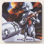 Porta-copo Vintage Science Ficting Soldados Robôs Militares<br><div class="desc">Imagem de robô militar com Ficção Científica futurista Vintage. Um soldado alienígena hostil segurando uma espingarda e em frente a uma aeronave ou avião militar com uma estrela. Ele está num planeta desolado pronto para entrar em guerra com fumaça, fogo e explosões. Hora de lutar e lutar contra os aliens...</div>