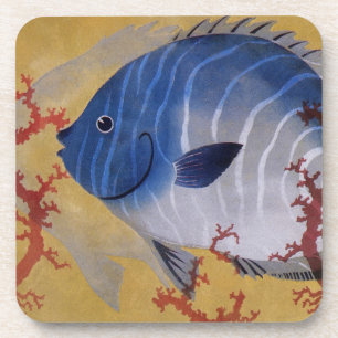 Porta-copo Vintage Tropical Blue Fish Coral Marine Ocean Life
