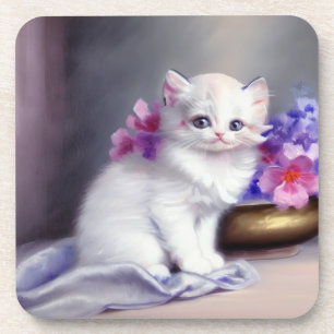 Porta-copo Vintage White Kitten com Flores Rosa e Púrpura